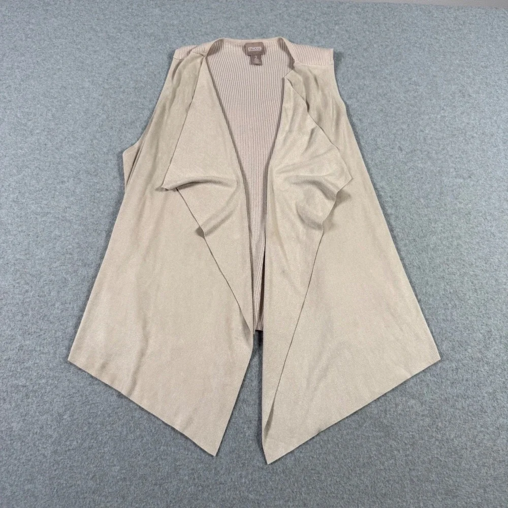 Chicos Faux Suede Ribbed Knit Open Front Draped Vest Tan Beige Size 2 L Large
